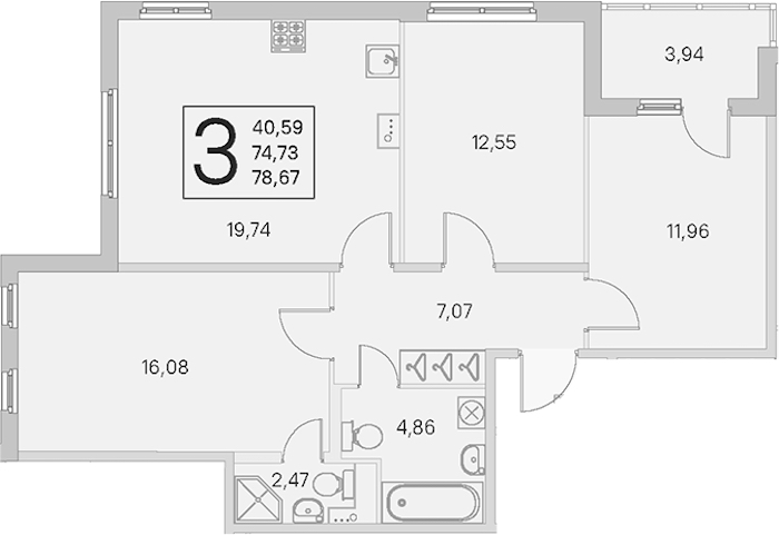 3-комнатная квартира 74.73 м², 1/4 эт., ЖК «Любоград в Стрельне»